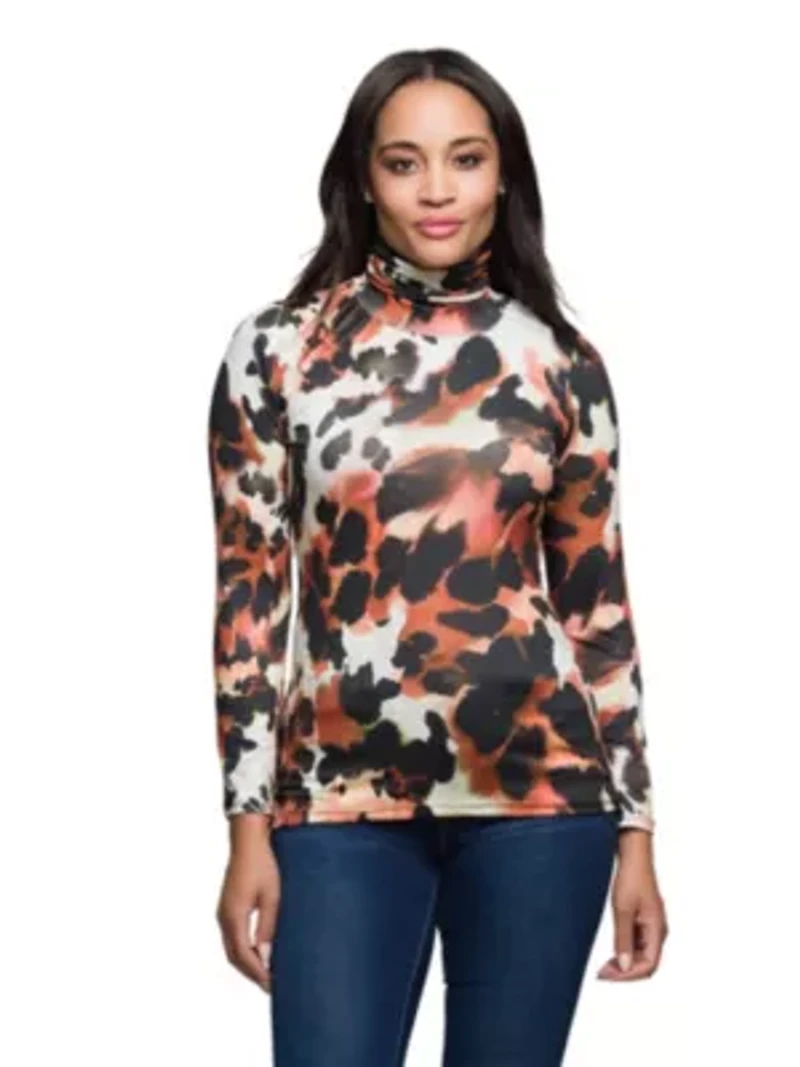 Womens Long Sleeve Turtleneck Top Animal Print