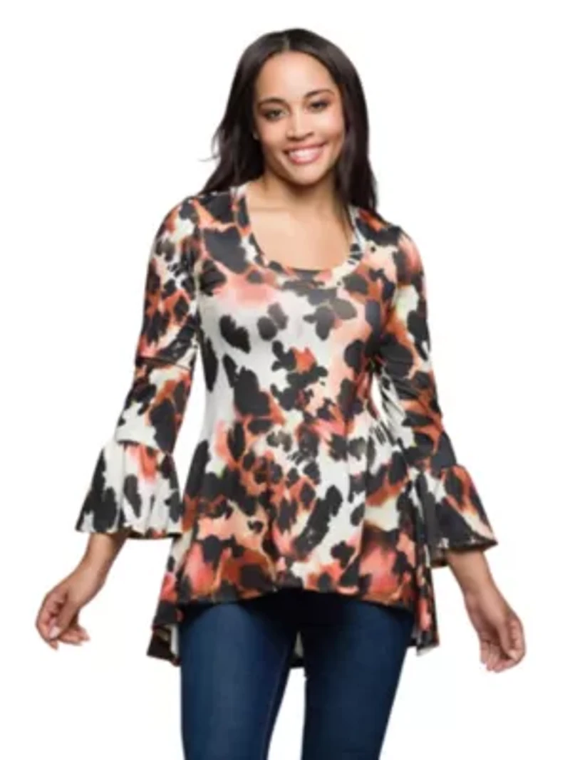 Womens Scoop Neck Bell Sleeve Tunic Top Animal Print