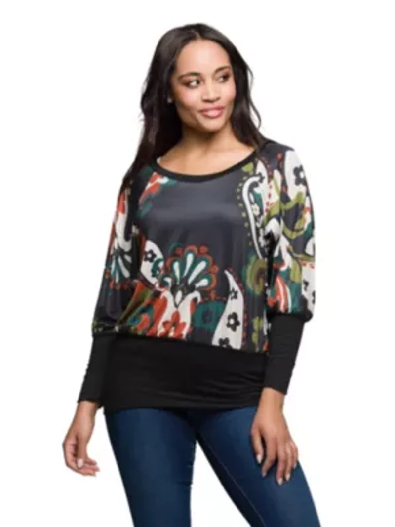 Womens Paisley Multicolor Print Dolman Sleeve Banded Top