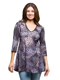Womens Gray Abstract Print V Neck three quarter Sleeve Tunic Top