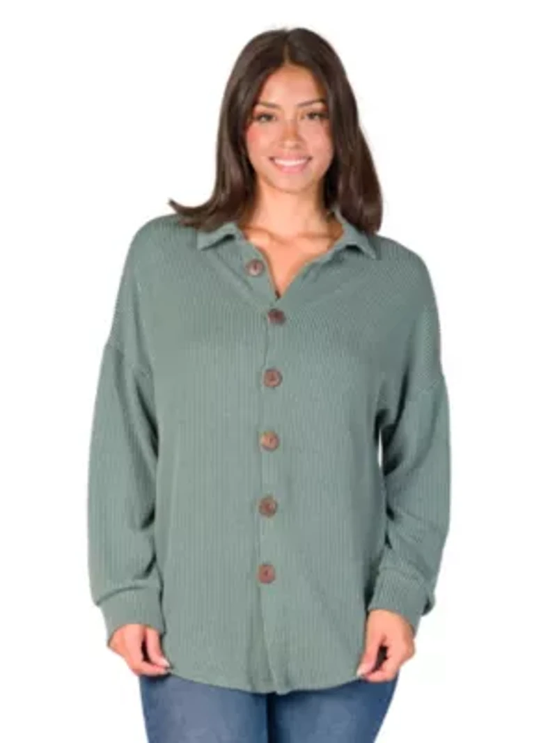 24seven Comfort Apparel Ribbed Button Up Long Sleeve Collared Shirt Jacket