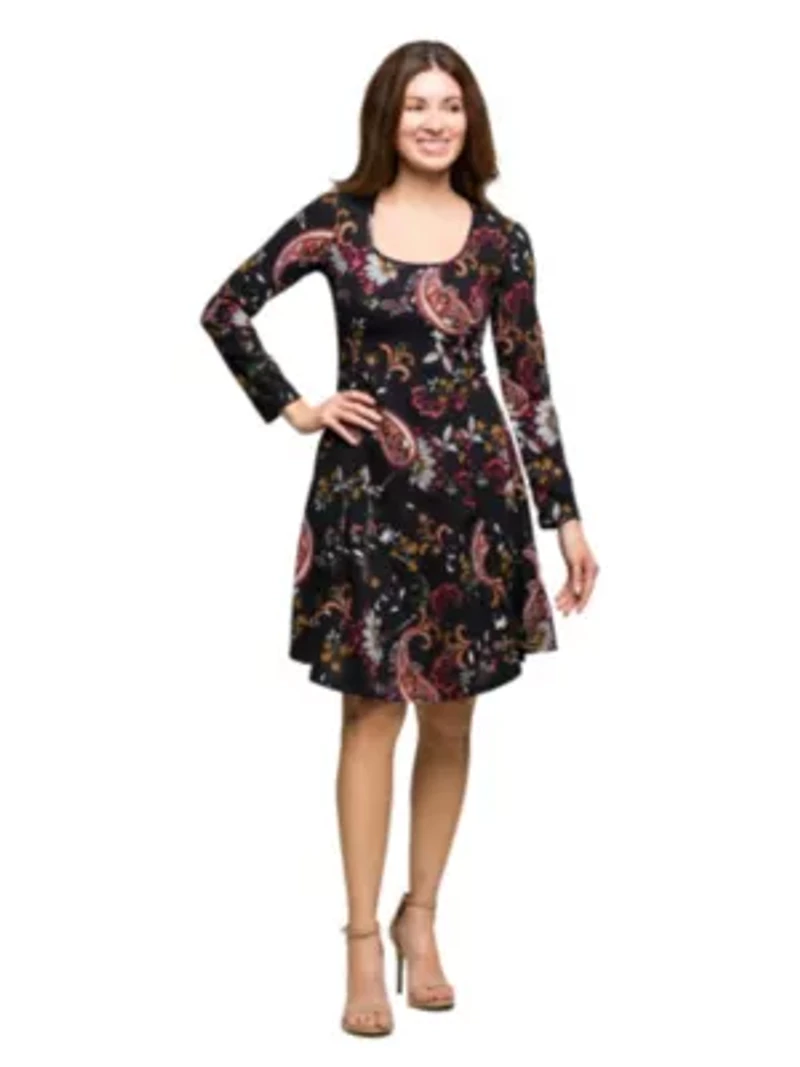 Womens Black Paisley Print Long Sleeve Fit and Flare Dress