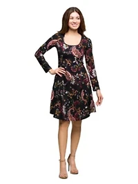 Womens Black Paisley Print Long Sleeve Fit and Flare Dress