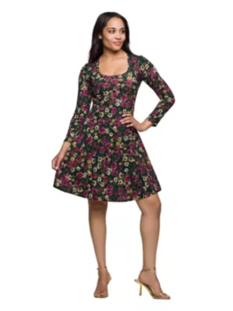 Womens Floral Print Long Sleeve Fit and Flare Mini Dress
