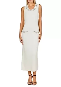 Boucle Knit Jewel Trim Midi Dress