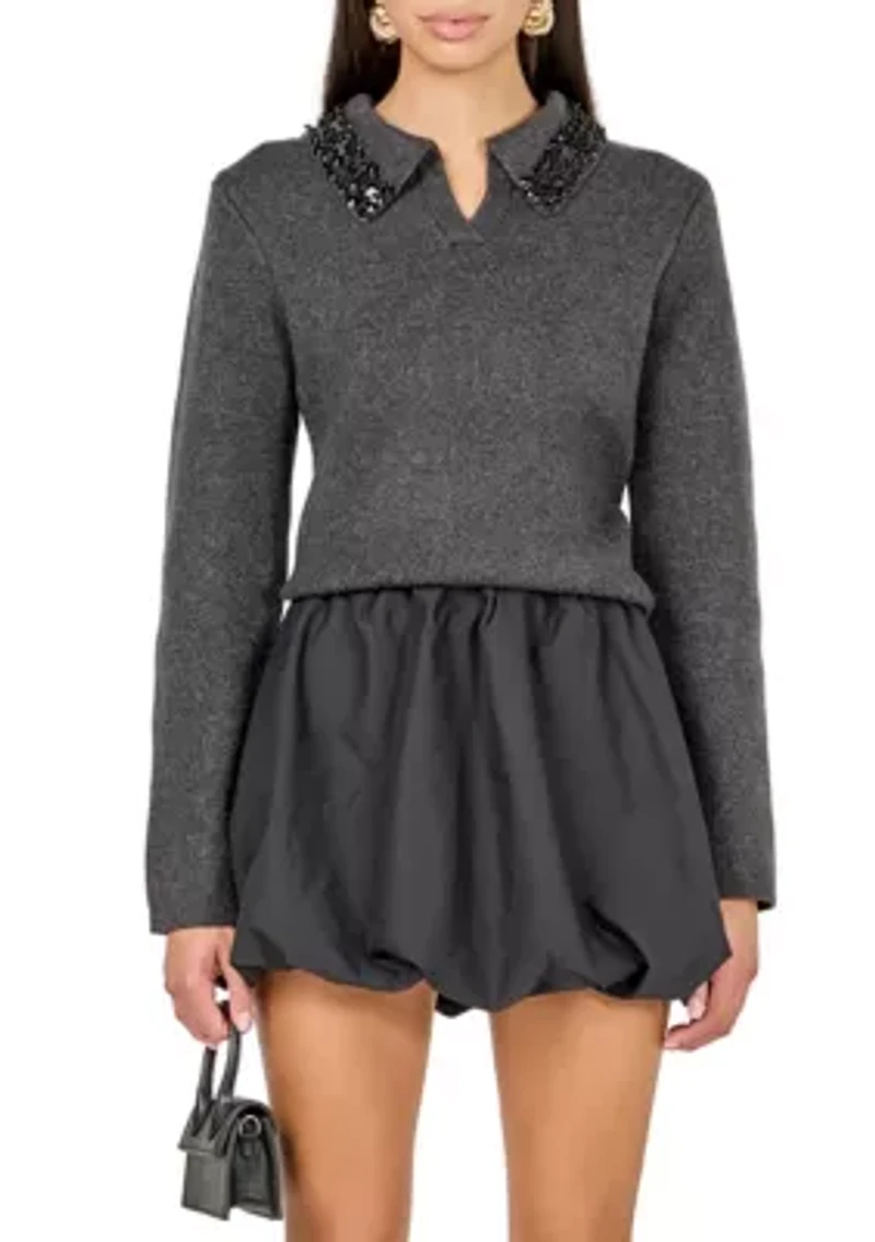 Knit Jewel Trim Collared Sweater