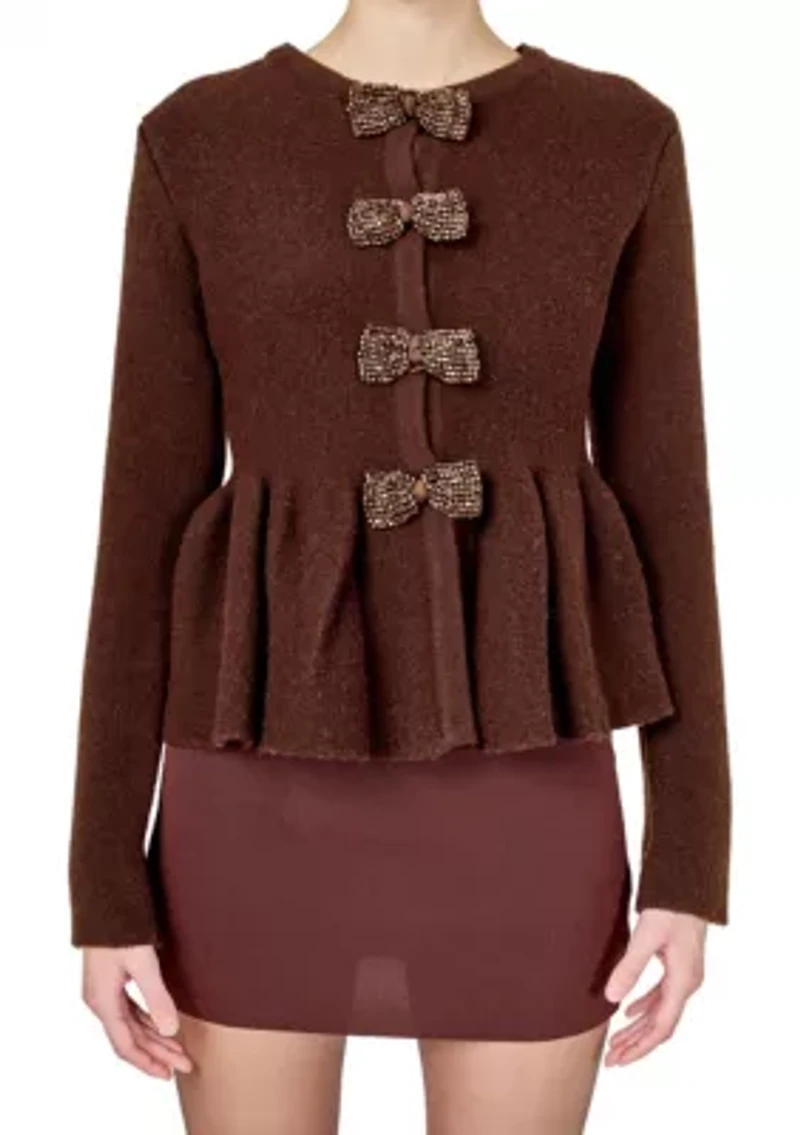 Bow Trim Flared Cardigan