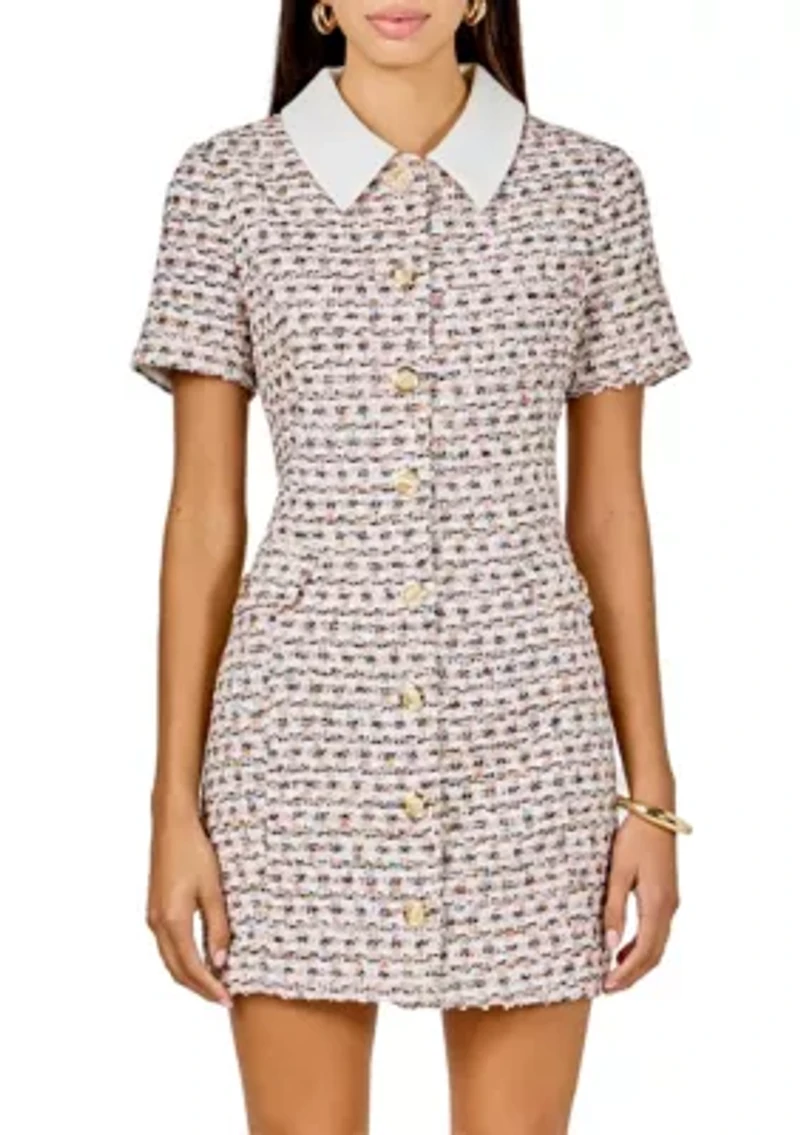 Multi Tweed Collared Short Sleeve Dress