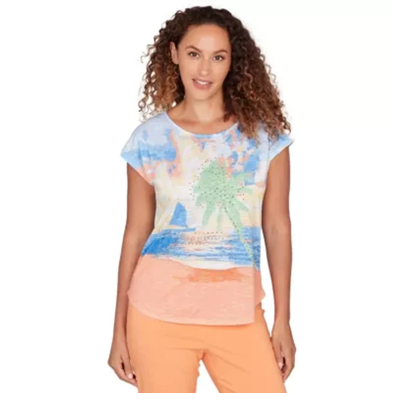 PRINTED POY T SLEEVE SCOOP NECK TOP