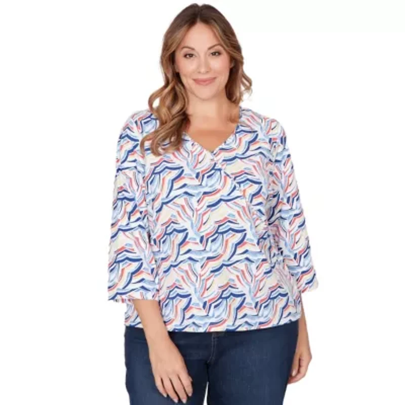 PRINTED JERSEY SURPLICE TOP WITH 3/4 SLEEVES