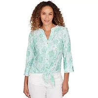 PRINTED EYELET GAUZE TIE FRONT TOP WITH 3/4 SLEEVES