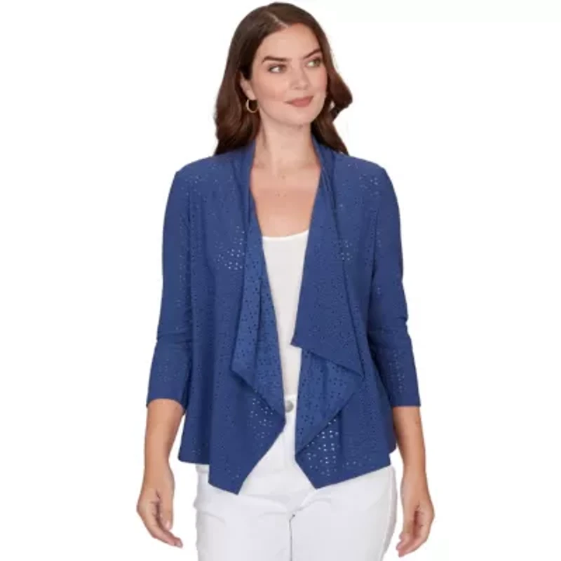 SOLID EYELET CASCADE CARDIGAN WITH 3/4 SLEEVES