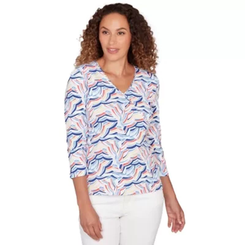 PRINTED JERSEY SURPLICE TOP WITH 3/4 SLEEVES