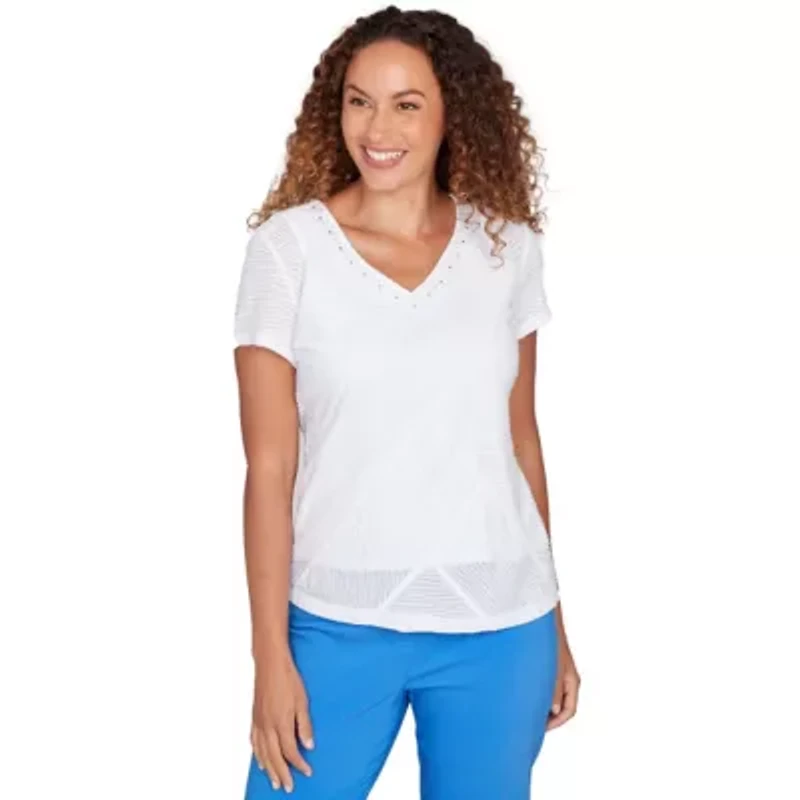 SOLID WAVY STRIPE SHORT SLEEVE TOP WITH EMBELLISHMENT