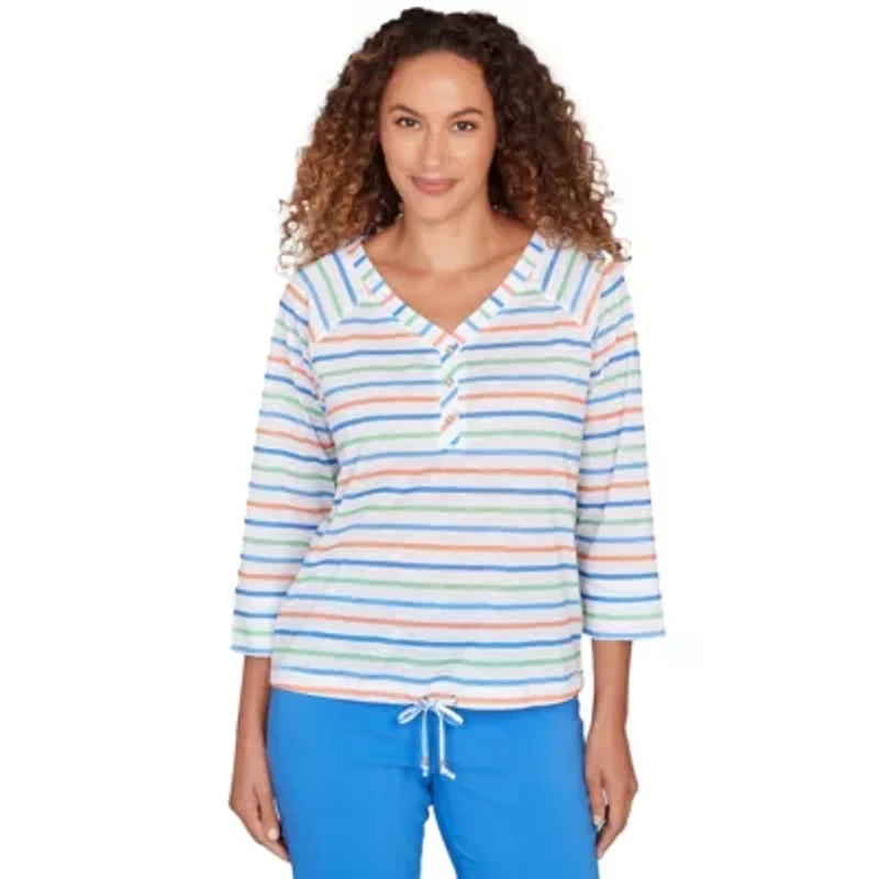 PRINTED POLY SLUB 3/4 SLEEVE HENLEY BLOUSON TOP