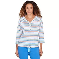 PRINTED POLY SLUB 3/4 SLEEVE HENLEY BLOUSON TOP