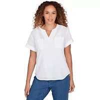 SOLID WOVEN EYELET SHORT SLEEVE POPOVER