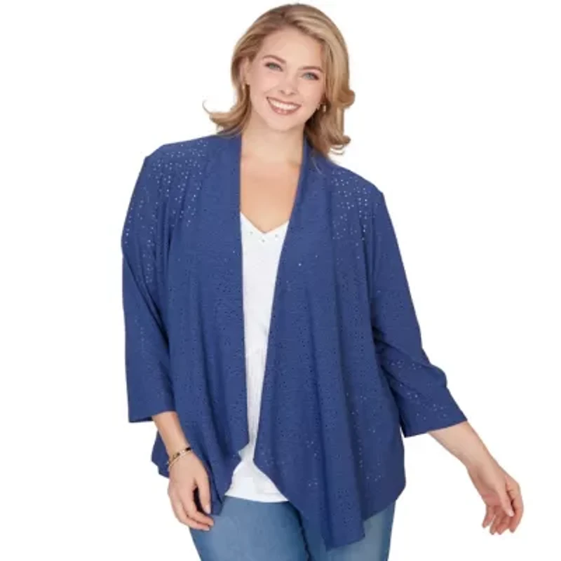 SOLID EYELET CASCADE CARDIGAN WITH 3/4 SLEEVES