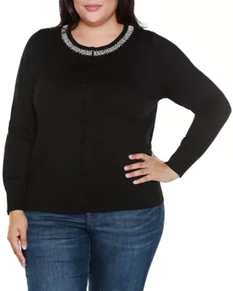 Plus Embellished Neckline Cardigan Sweater