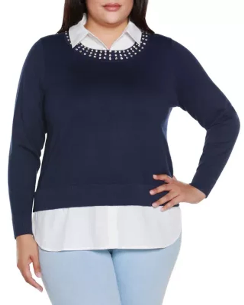 Plus Rhinestone-Neckline Twofer Sweater