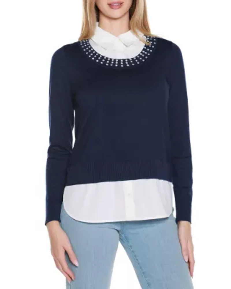 Rhinestone-Neckline Twofer Sweater