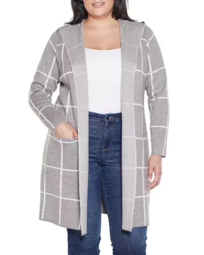 Plus Hooded Windowpane Plaid Coatigan Sweater