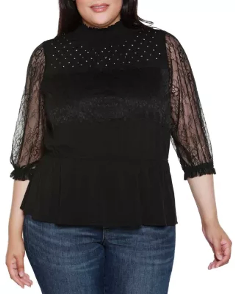 Plus Mixed-Media Embellished Knit Top
