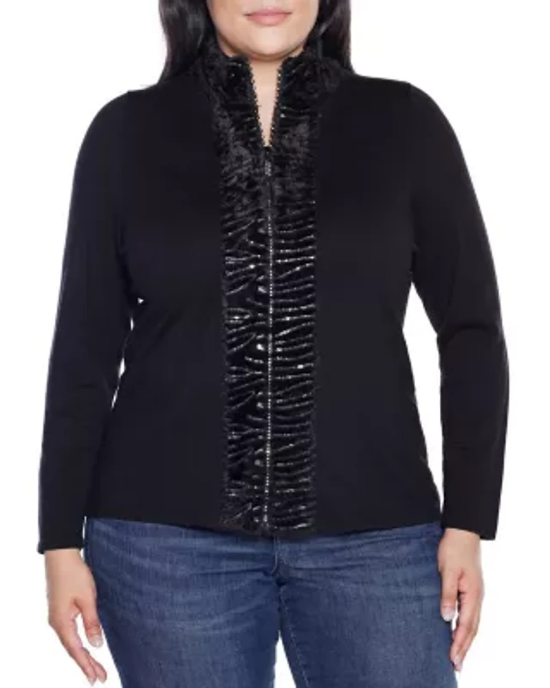 Plus Faux Fur Trim Rhinestone-Zip Cardigan Sweater
