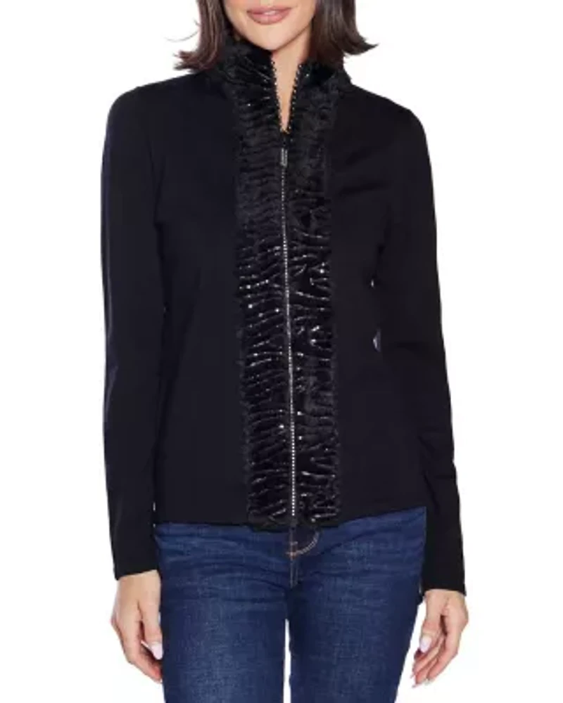 Faux Fur Trim Rhinestone-Zip Cardigan Sweater
