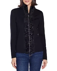 Faux Fur Trim Rhinestone-Zip Cardigan Sweater
