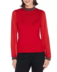 Rhinestone-Neckline Chiffon-Sleeve Sweater