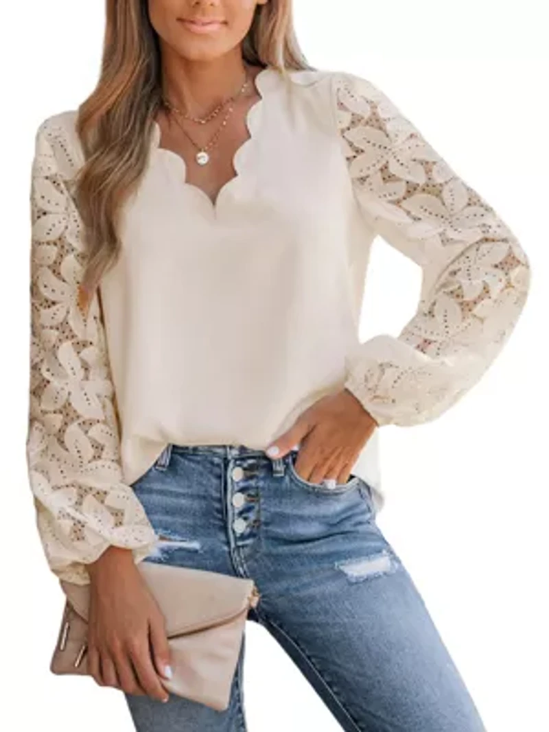 Women's Floral Lace Scalloped V Neck Top