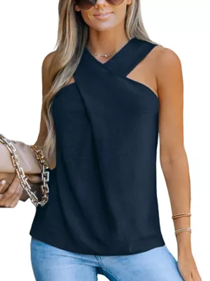 Women's Chic Navy Cross-Front Tank Top