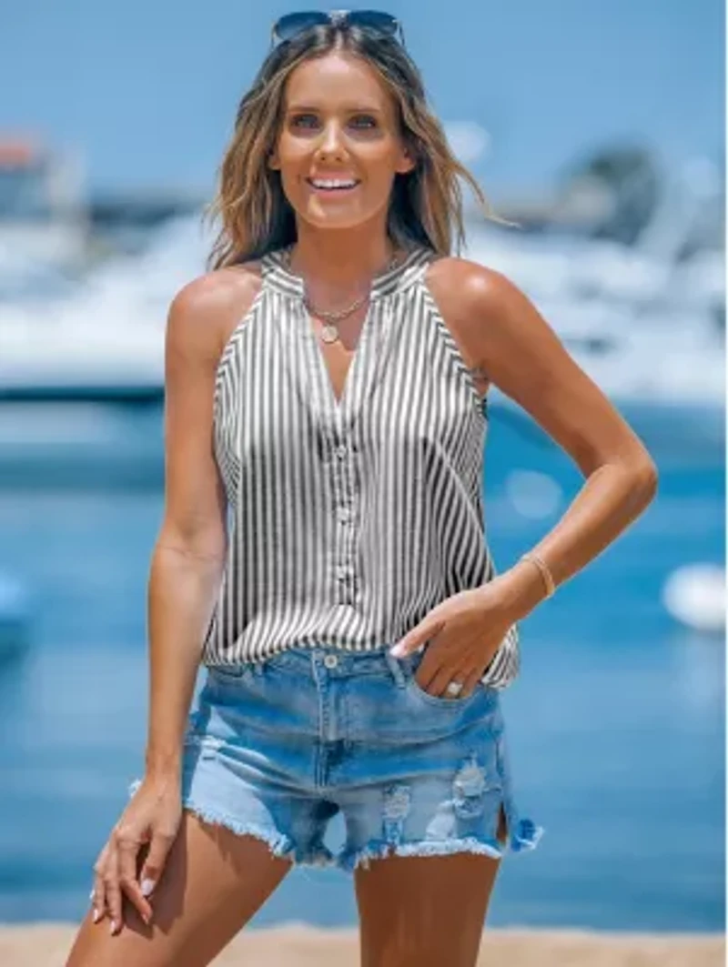 Women's Striped V-Neck Buttoned Top