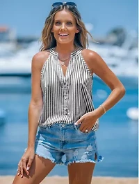 Women's Striped V-Neck Buttoned Top