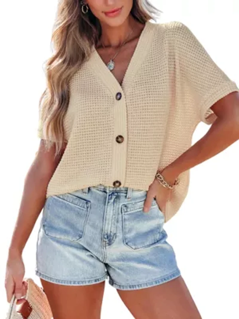 Women's Waffle Knit Short Sleeve Button Up Top