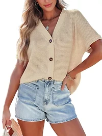Women's Waffle Knit Short Sleeve Button Up Top