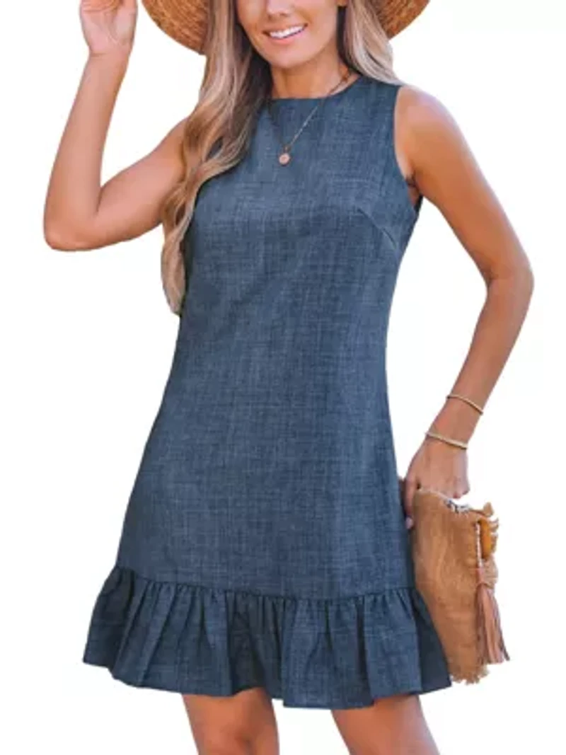 Women's Charming Chambray Back Tie Ruffle Dress