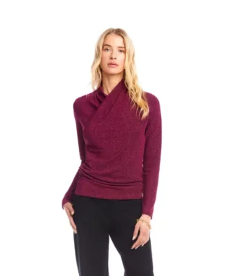 Long Sleeve Metallic Crossover Side-Shirred Top
