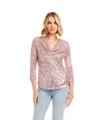 3/4 Sleeve Drape Front Sequin Top