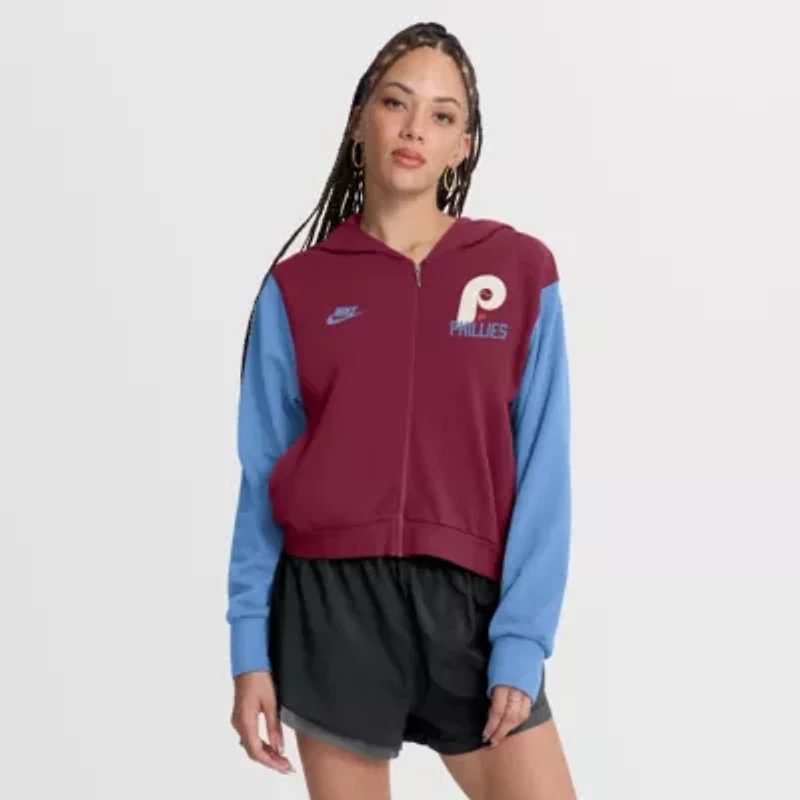 MLB Nike Burgundy/Light Philadelphia Phillies Cooperstown Collection Cropped Full-Zip Hoodie