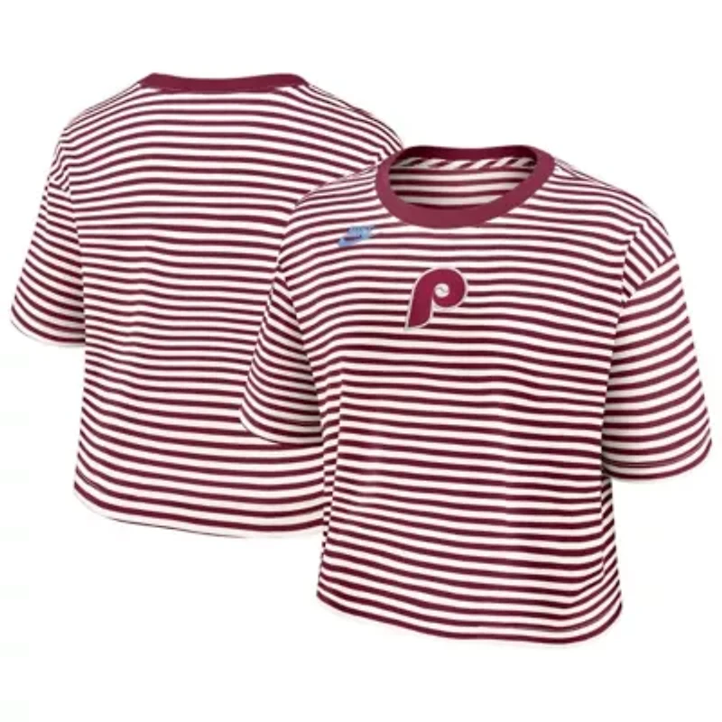 MLB Nike Burgundy/Cream Philadelphia Phillies Cooperstown Collection Striped Cropped T-Shirt