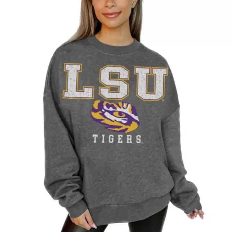 NCAA LSU Tigers Oversized Distressed Fleece Pullover Sweatshirt