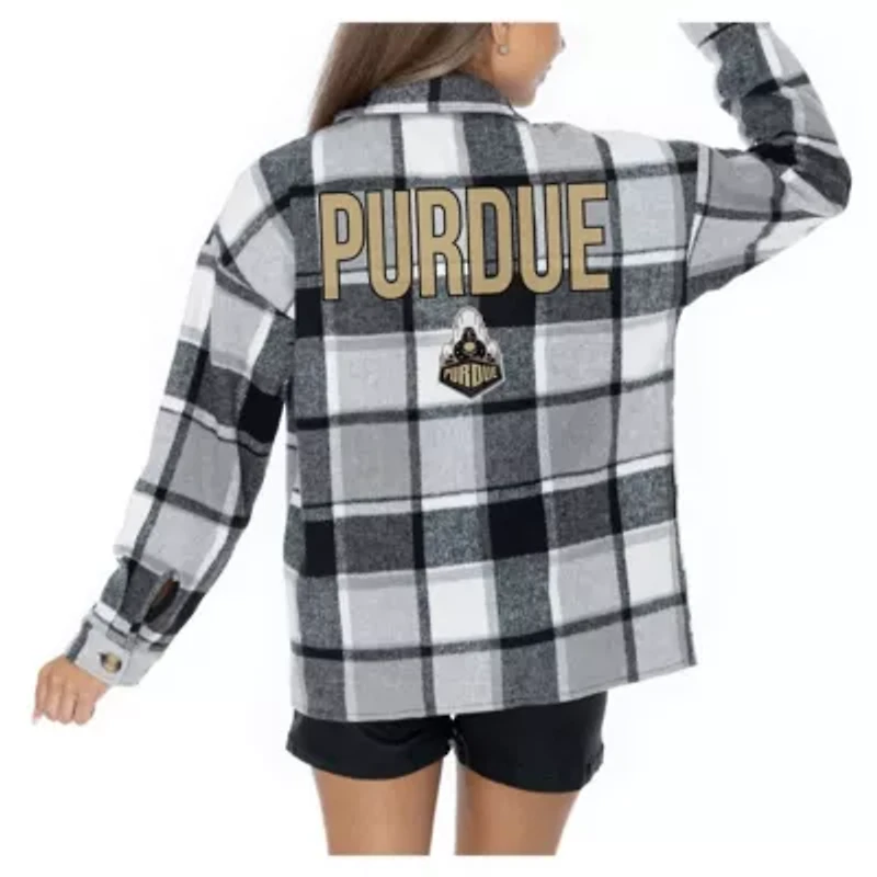 NCAA Grey Purdue Boilermakers Long Sleeve Brushed Plaid Button-Up Overshirt Jacket