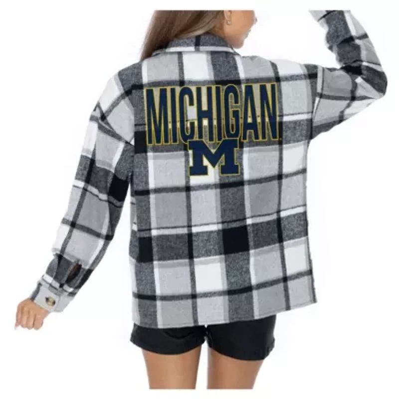 NCAA Grey Michigan Wolverines Long Sleeve Brushed Plaid Button-Up Overshirt Jacket