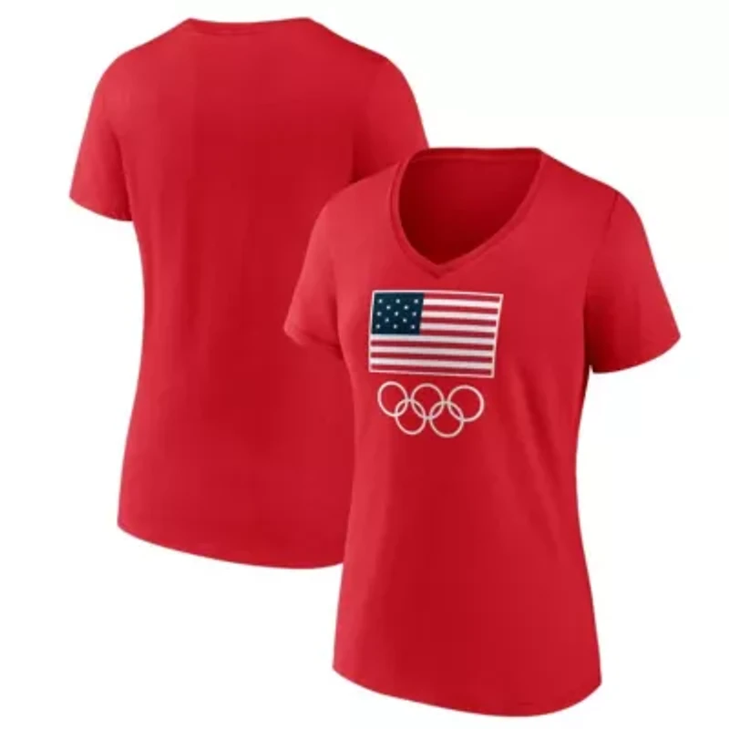 Olympics Fanatics Team USA Flag and Rings V-Neck T-Shirt