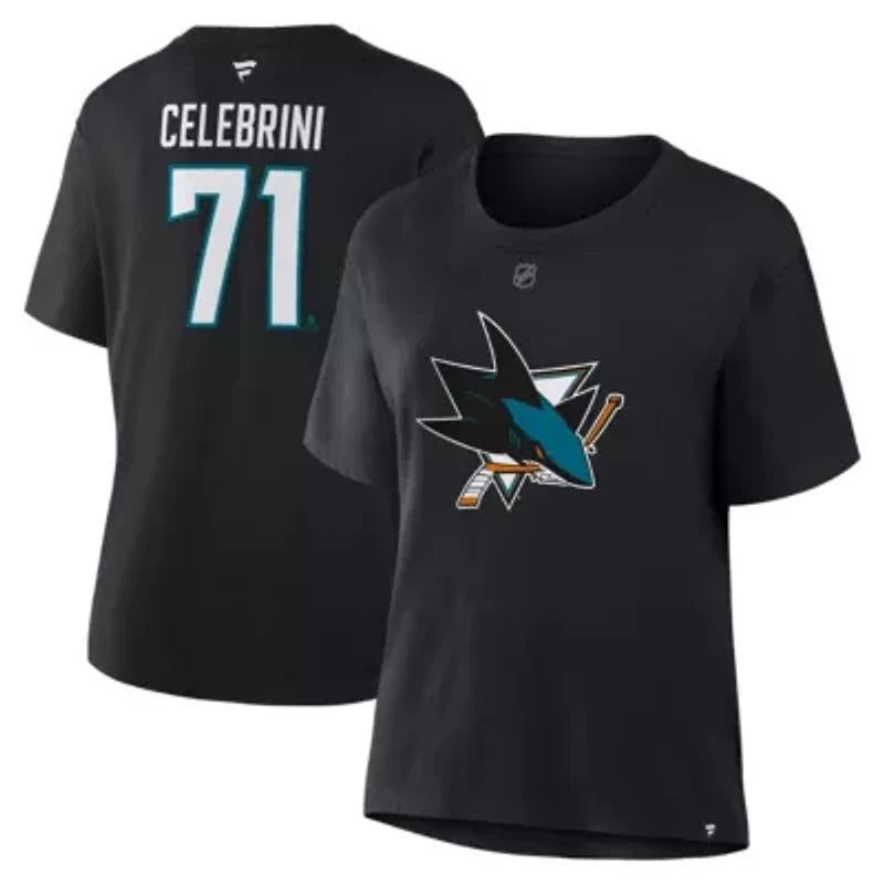 NHL Fanatics Macklin Celebrini San Jose Sharks Authentic Stack Name & Number T-Shirt
