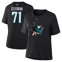 NHL Fanatics Macklin Celebrini San Jose Sharks Authentic Stack Name & Number T-Shirt