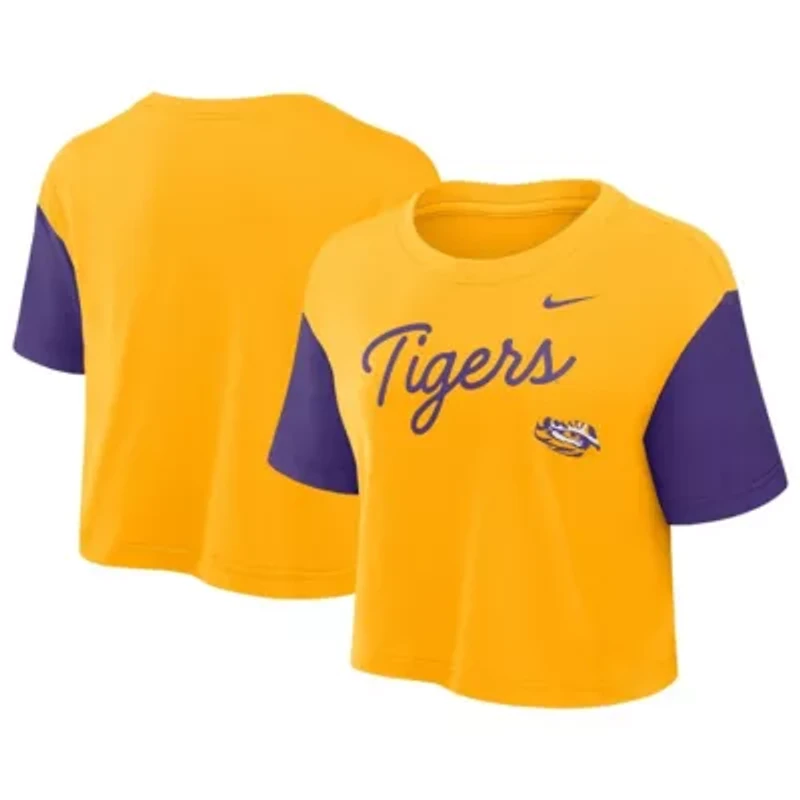 NCAA Nike LSU Tigers Color-Block Script Dri-FIT Cropped T-Shirt