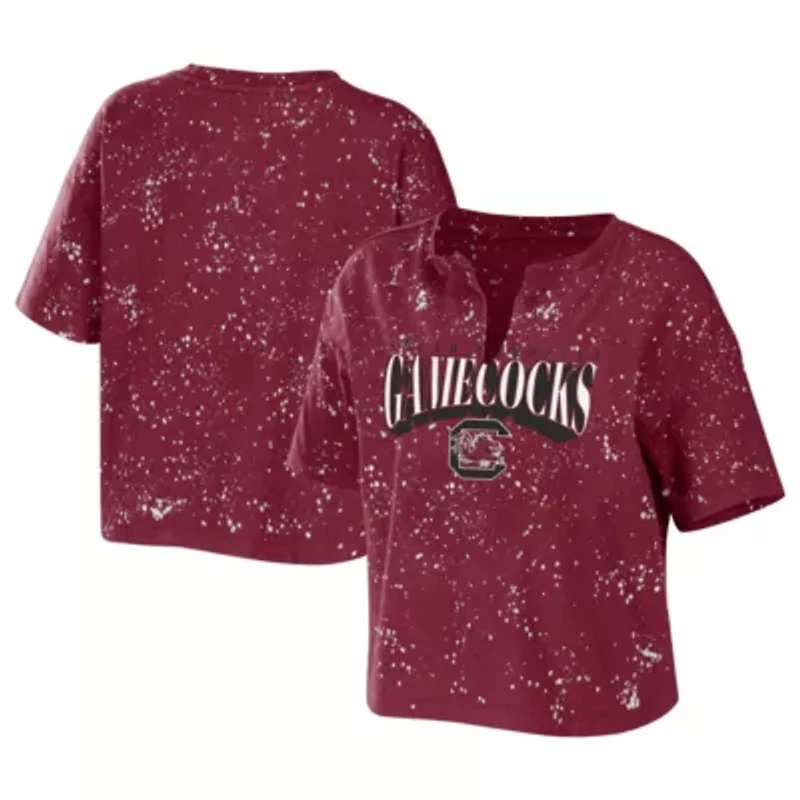 NCAA South Carolina Gamecocks Bleach Wash Splatter Cropped Notch Neck T-Shirt